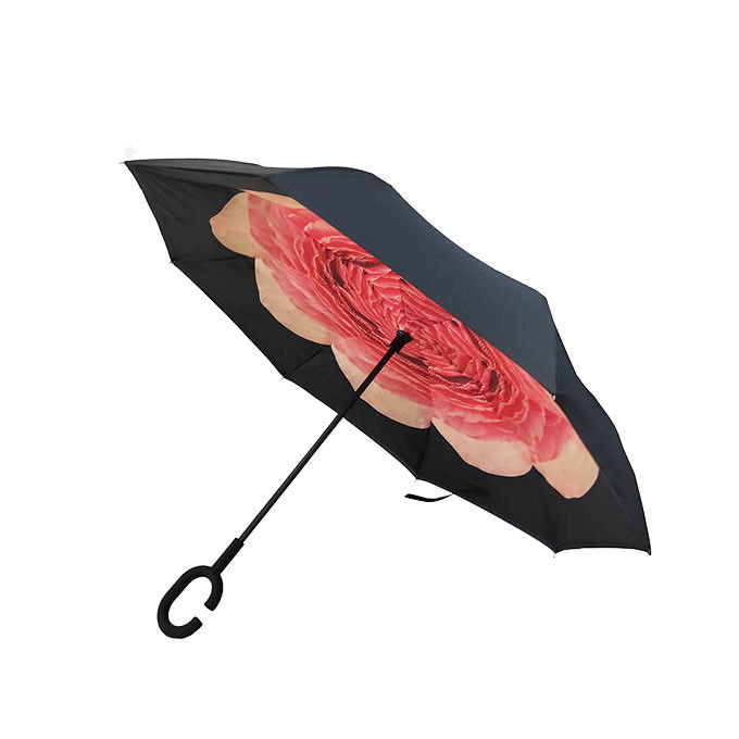 Blumen-Entwurfs-Doppelschicht umgekehrter Regenschirm, C formte Griff-Regenschirm fournisseur